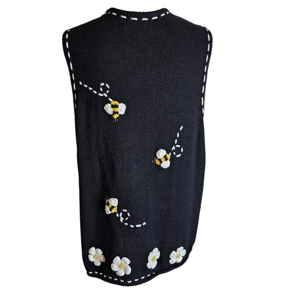 Vintage 90s Bumblebee Daisy Knit Vest Sz XL ? 3D Beaded Boho Grannycore Cottage - Picture 7 of 16